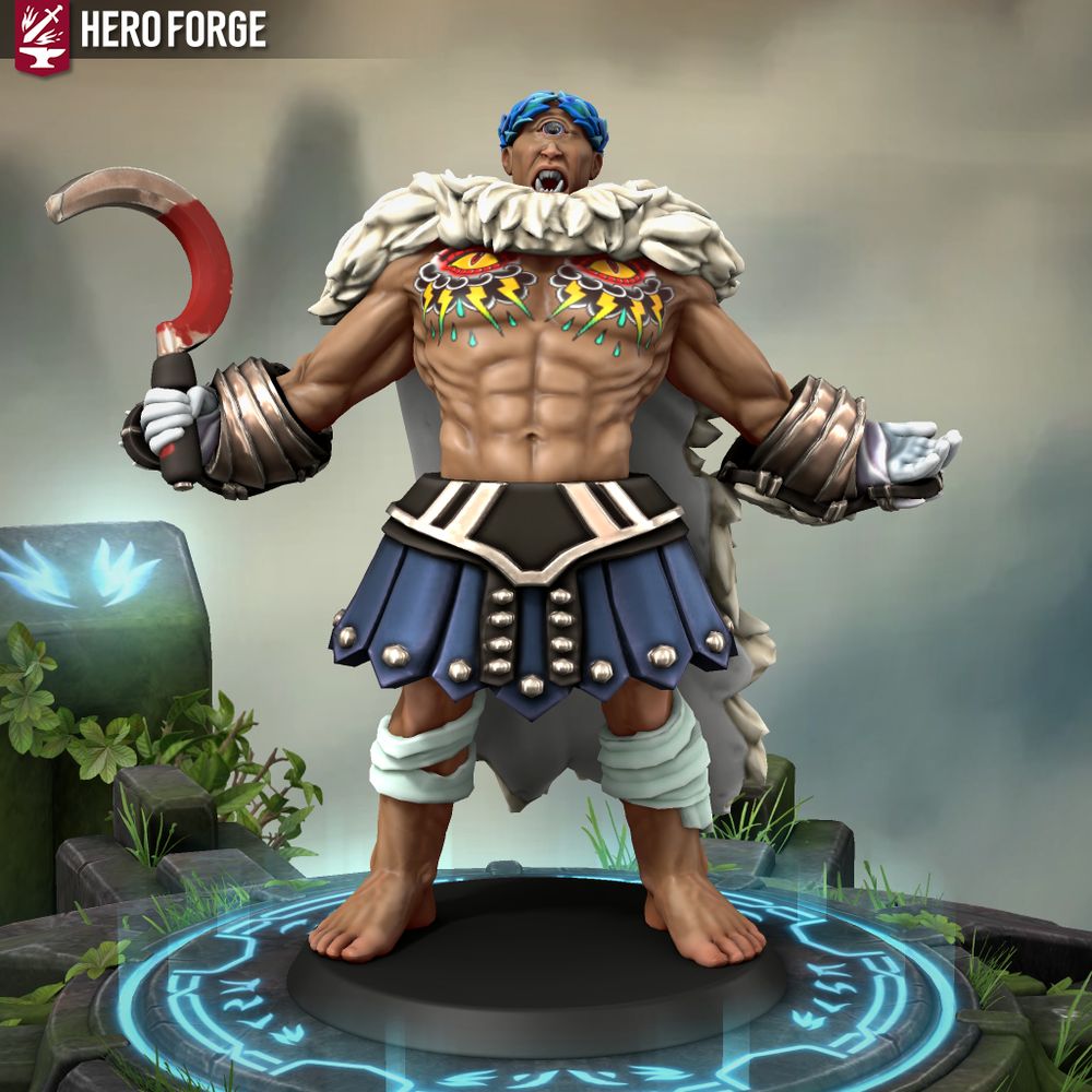 A model of a Cyclops in Hero Forge, wearing pale white furs over his shoulders, holding a bloody scythe in his right hand, wearing rose-gold wrist plates and a battle-skirt colored black, rose-gold and blue. He is rearing back and roaring, showing the tattoos on his chest: two eyes surrounded by black clouds, shooting lightning and raining downward.