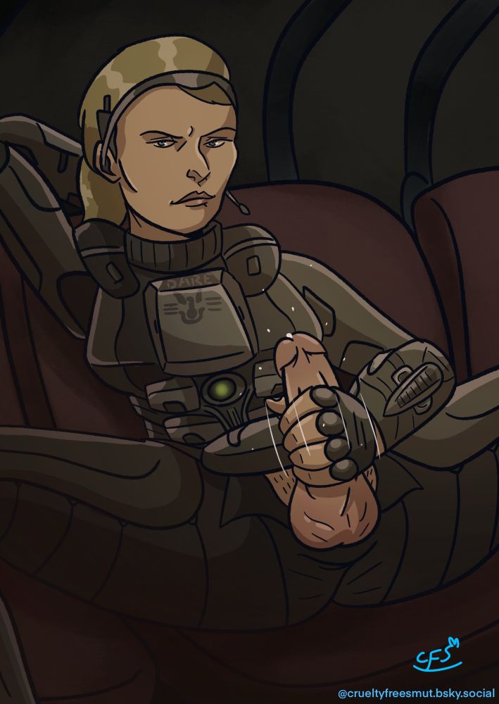 Veronica Dare from Halo: ODST leans back in her seat and strokes her cock while looking at the viewer. 

Happy pride, Spartan. 