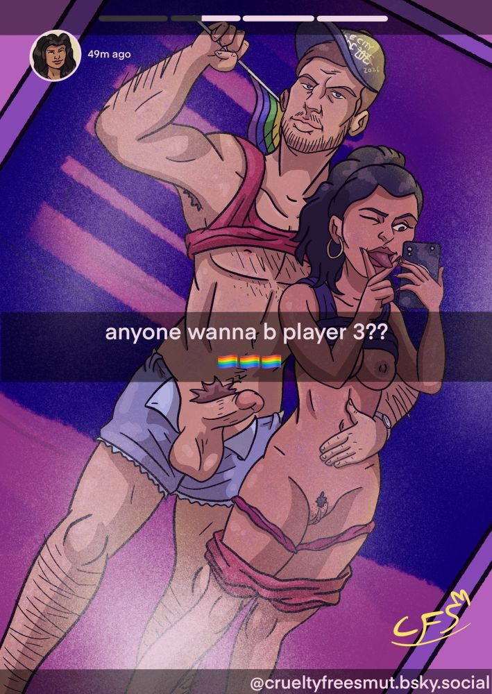 Jason Duval and Lucia Caminos from Grand Theft Auto VI pose for a selfie in front of a mirror, their clothes peeled away to expose themselves. Lucia holds her fingers in front of her mouth in a provocative sapphic gesture, while Jason holds a pride flag over his shoulder. A snapchat-like interface has the caption “anyone wanna be player 3?? 🏳️‍🌈🏳️‍🌈” 