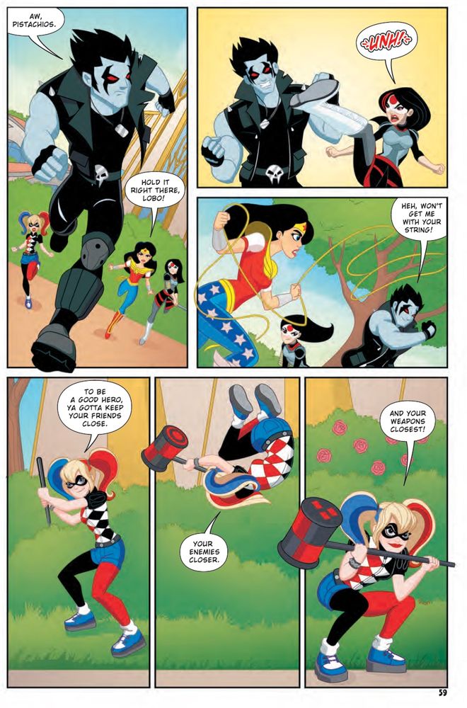 Comic page with dc super hero girls, Lobo and Harley