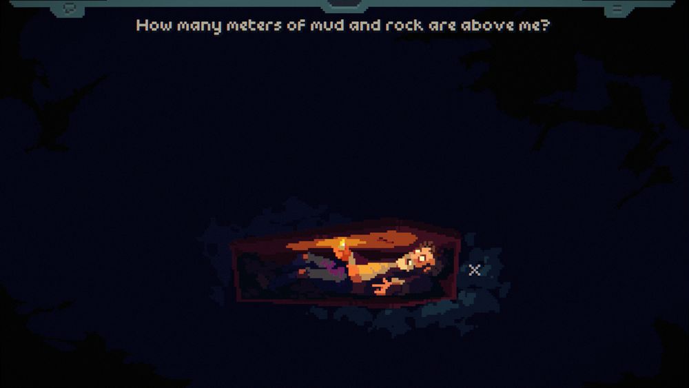 Capture d'écran du jeu The Drifter, montrant le héros enfermé dans un cercueil, sous terre, illuminé par la lueur d'un briquet.