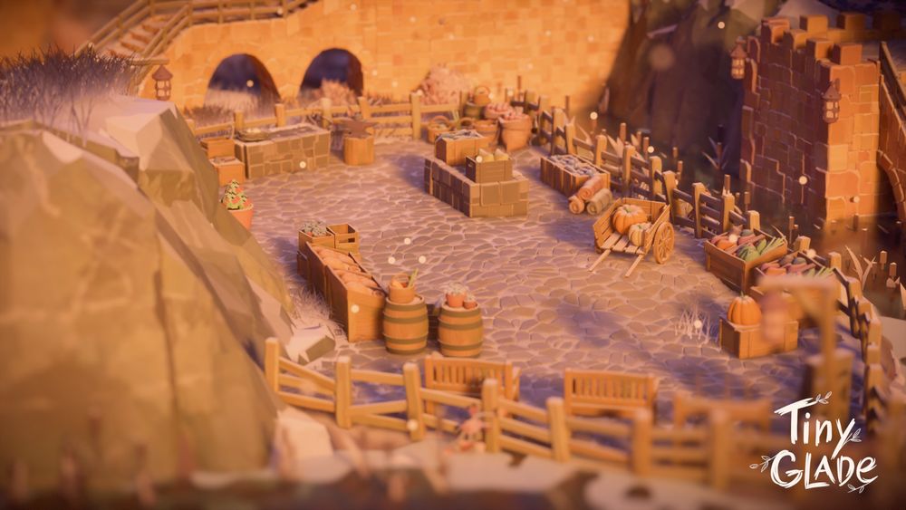 Capture d'écran d'un marché sous la neige, créé dans le jeu Tiny Glade