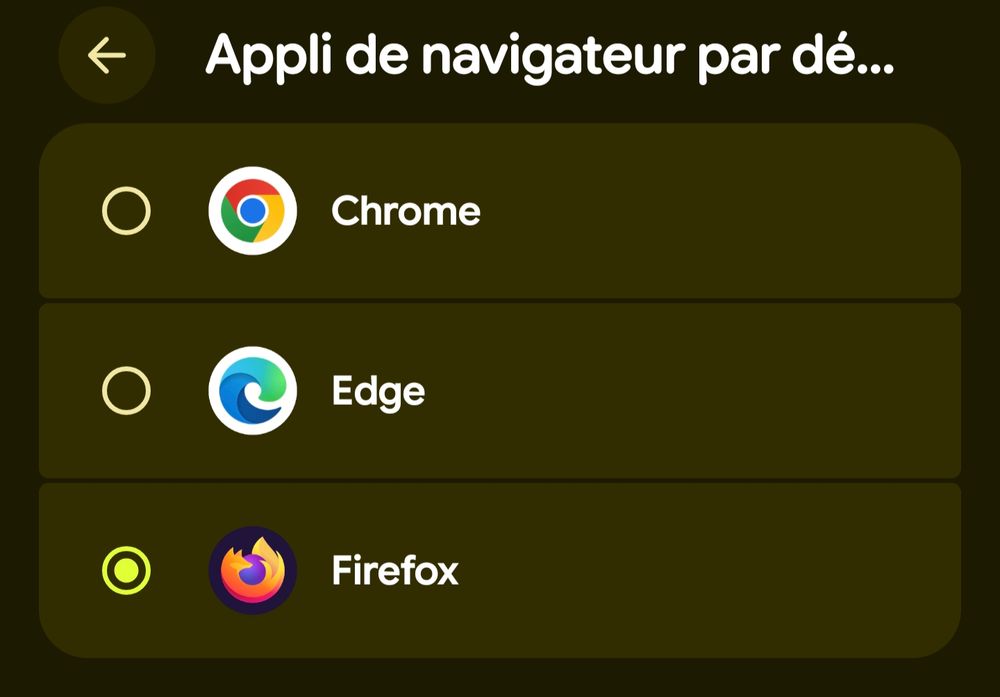 Screen du navigateur par défaut sur Android, Firefox coché 