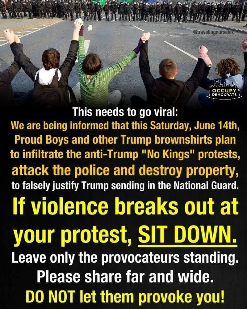 Demonstranten sitzen auf der Straße. Im Text wird dazu aufgefordert sich zu setzen, sollten trumpfreundliche Provokateure die Sicherheitskräfte angreifen oder provozieren