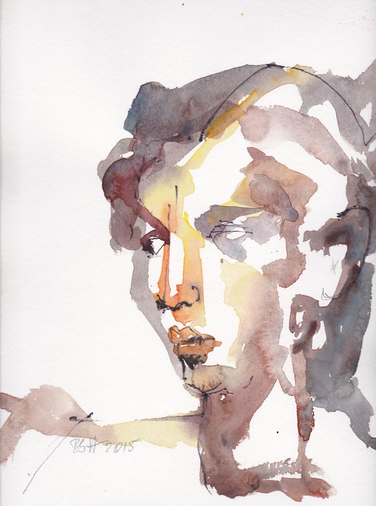 Original Aquarell mit Aquarellstift, Die Farbflächen sind teilweise zeichnerisch, teilweise malerisch eingesetzt, mal formgebend, mal nur Farbe. Sparsame, eher skizzenhafte, "schnelle" in's Nasse gesetzte und teilweise angelöste Linien

