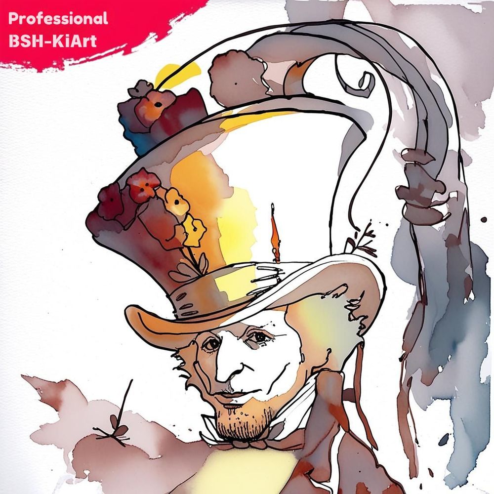 Ki-generiert auf Basis des Aquarells von Judith Thema: der verrückte Hutmacher Prompteingabe u.a. "amazing hat" Im Vergleich zum Aquarell "sehr fest" weil die Ki zu viel gezeichnet hat, auch die Verläufe bis hin zu einem Hauch Farbe fehlt, im Vergleich zum echten Aquarell