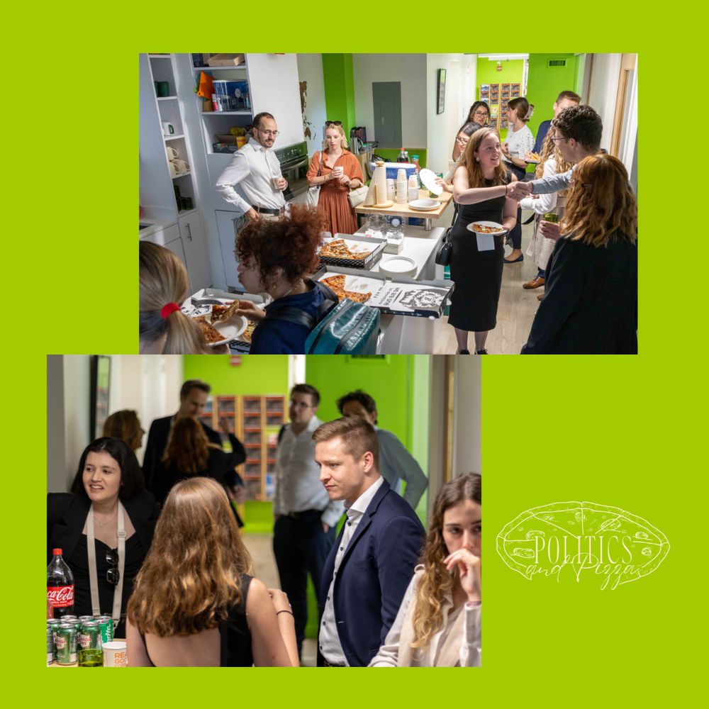 two photos on a green background of people chatting over pizza