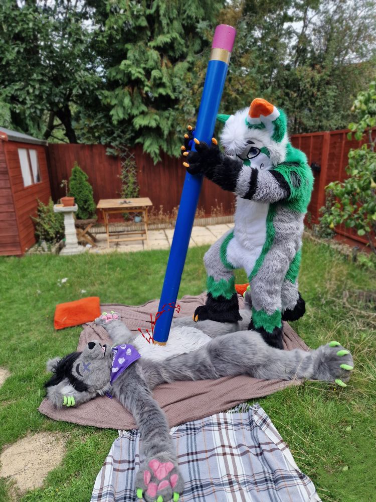 He has impaled the suiter on the floor. He is dead. Toony violence