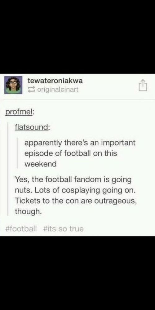 a Tumblr post from flatsound stating 'apparently there's an important episode of football on this weekend.' with a reblog from profmel stating 'Yes, the football fandom is going nuts. Lots of cosplay going on. Tickets to the con are outrageous, though.'