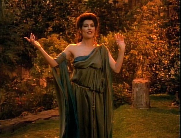 From "Hollow Pursuits"
ST-TNG, Episode 3x21, a toga-wearing holodeck character based on Deanna Troi says, "I am the goddess of empathy".