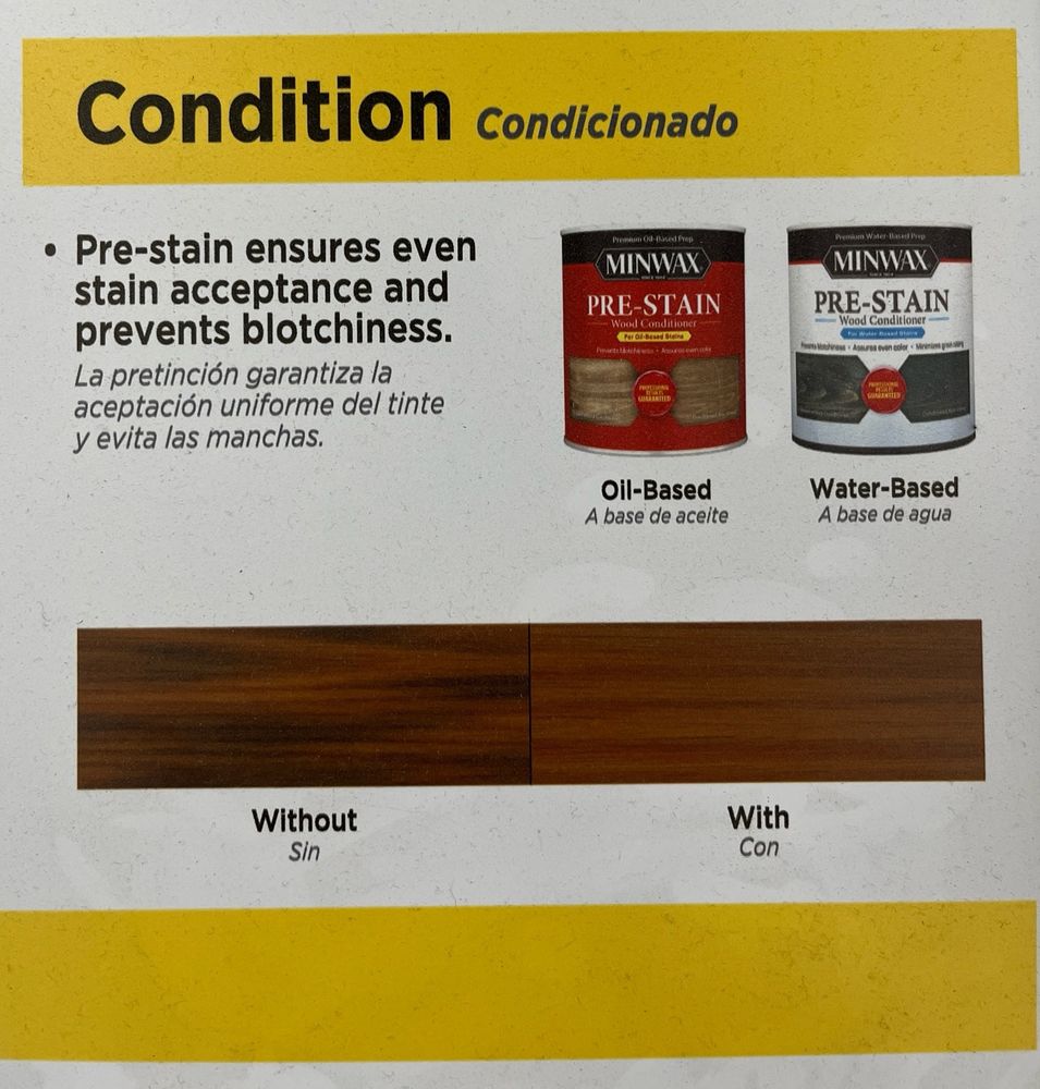 In-store display of wood sample with and without deck treatment. The display is bilingual and the sample on the left is labeled “without/sin”