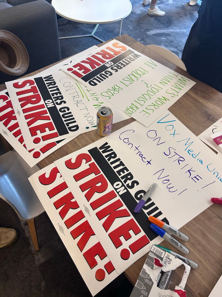 Picket sign reads "Vox Media Union ON STRIKE! CONTRACT NOW!"