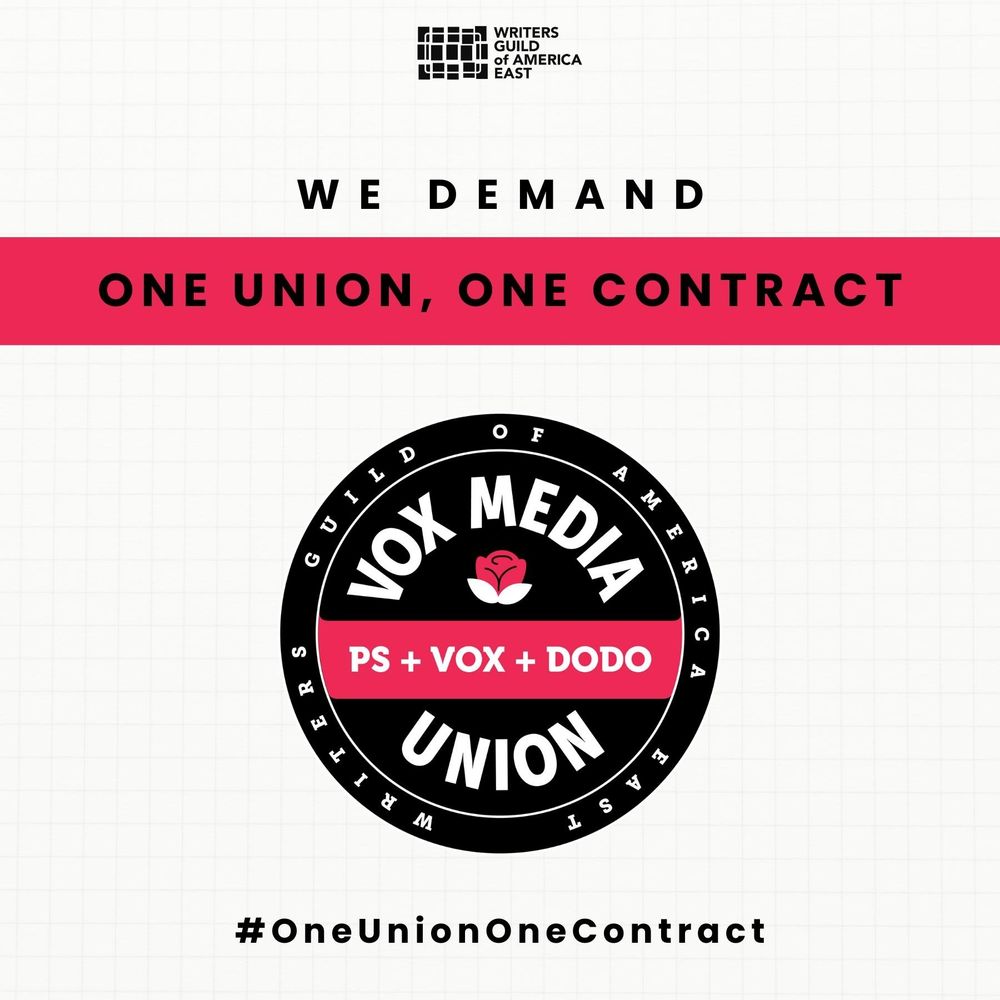 Text reading "We Demand One Union, One Contract" above the combined Vox Media Union logo and below that the hashtag #oneuniononecontract