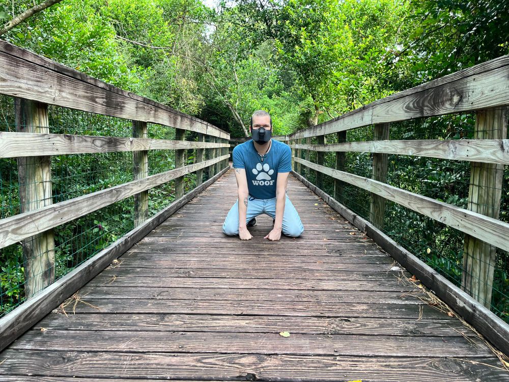 A human pup on all fours on a wooden walkway surrounded by trees.