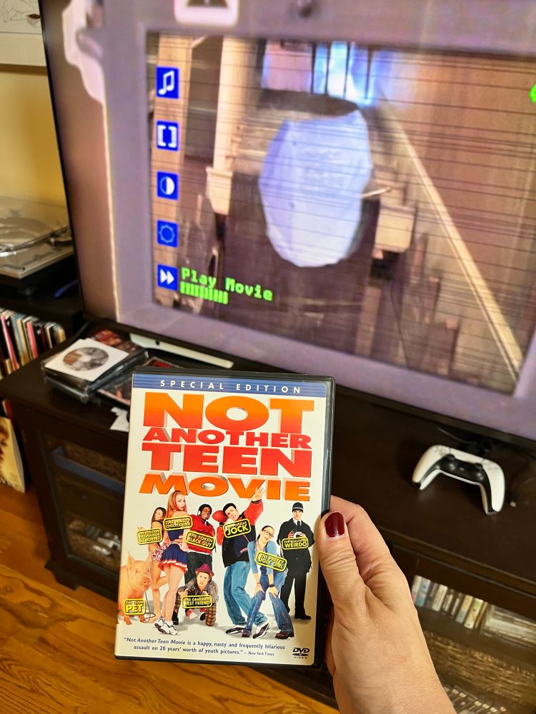 A dvd of Not Another Teen Movie is held in front of a tv.