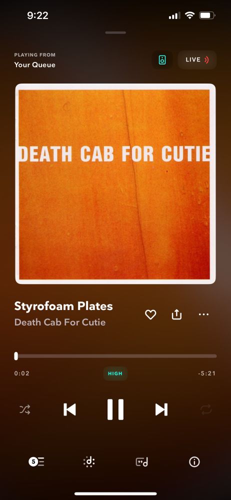 Tidal screencap of the song Styrofoam Plates by Death Cab For Cutie. 