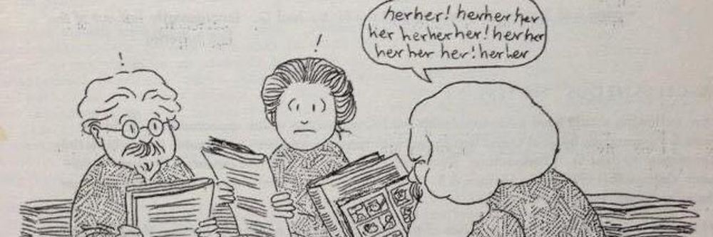 Rosa Luxemburg and Leon Trotsky suprised to hear Karl Marx laughing, as he reads a comic book hidden from their view with a book