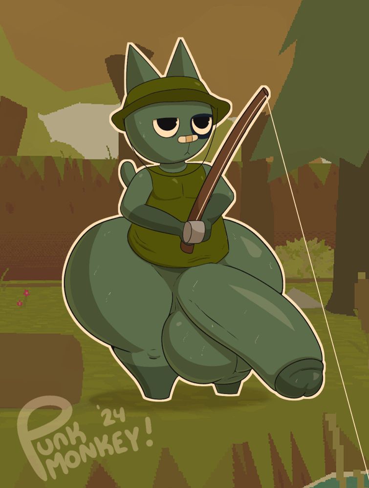 A green-teal cat with a bandage over his nose is fishing a nearby pond, looking completely unbothered with his hyper dick and hyper hips sweating.