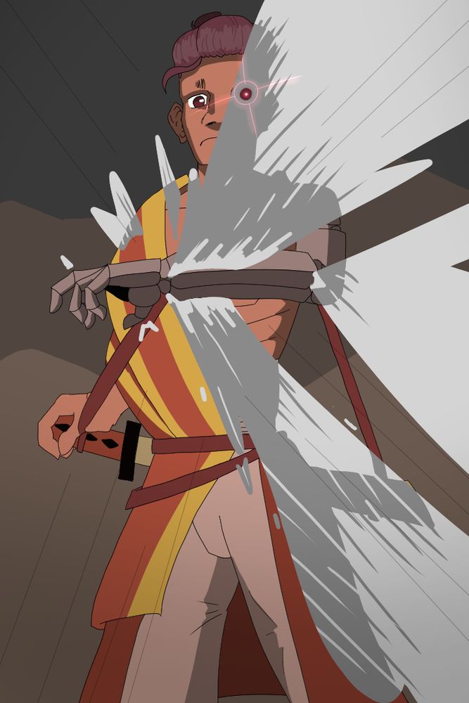 A man stands with a katana at his hip, with a mechanical arm outstretched in front of him. His arm releases jets of steam which slightly obscure his body, but beneath, his eye cuts through the steam and shines with a red glow.