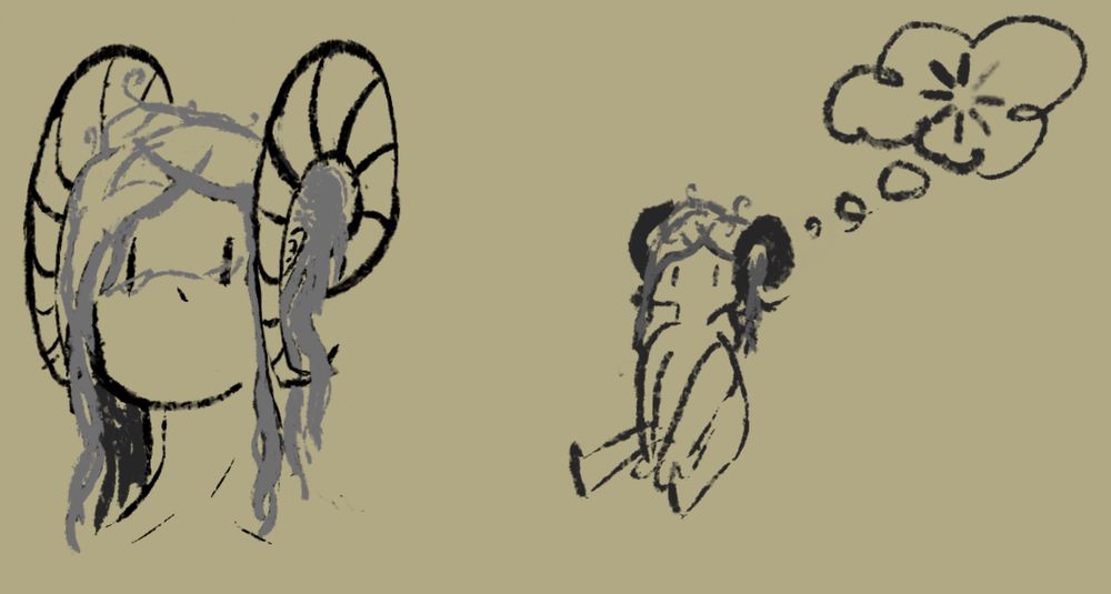 sketch of a person with ram horns + a small version with no thoughts