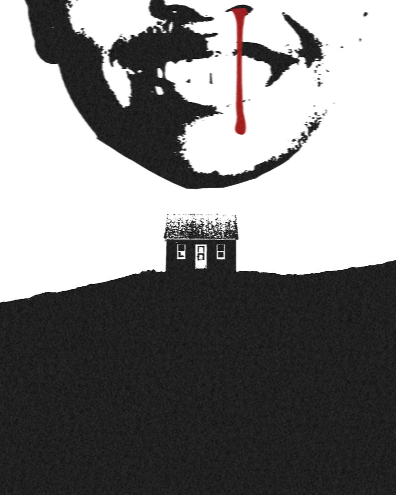 A black and white image of a small house on top of a hill, and a head hovering over with a nose bleed