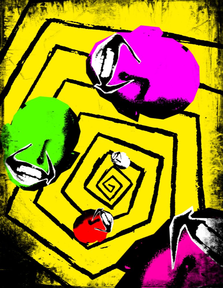 Heads following a spiral with big creepy grins