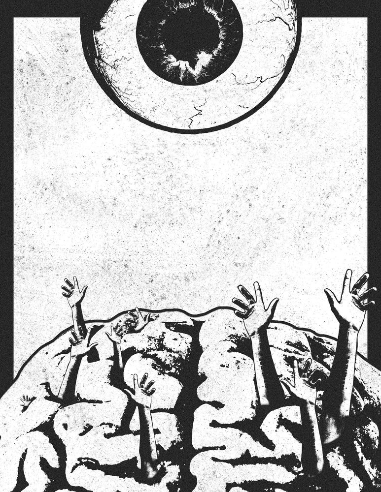 Multiple hands stretching out of the wrinkles of a brain, while a giant eye is hovering.