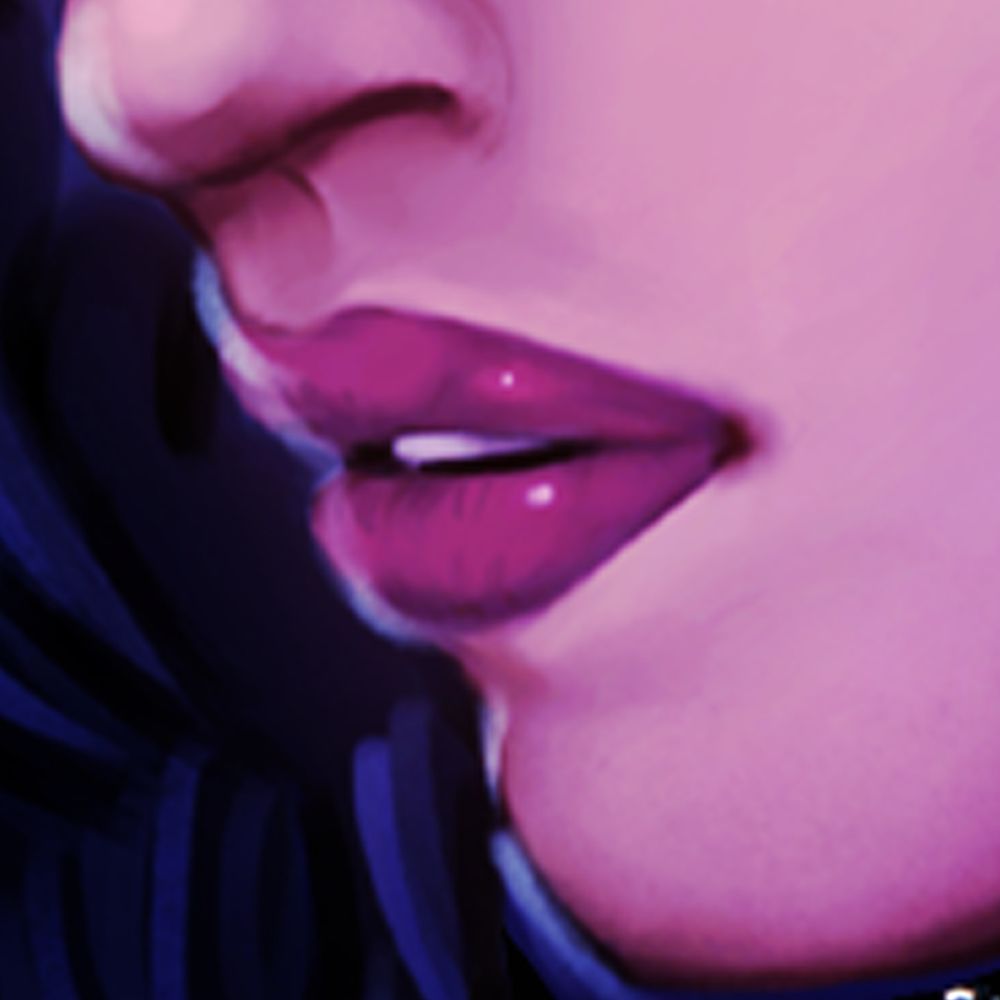 Close up digital painting portrait. More polished shiny style in colour of my character Jetta just lower half of the face nose lips mouth slightly open showing teeth. 