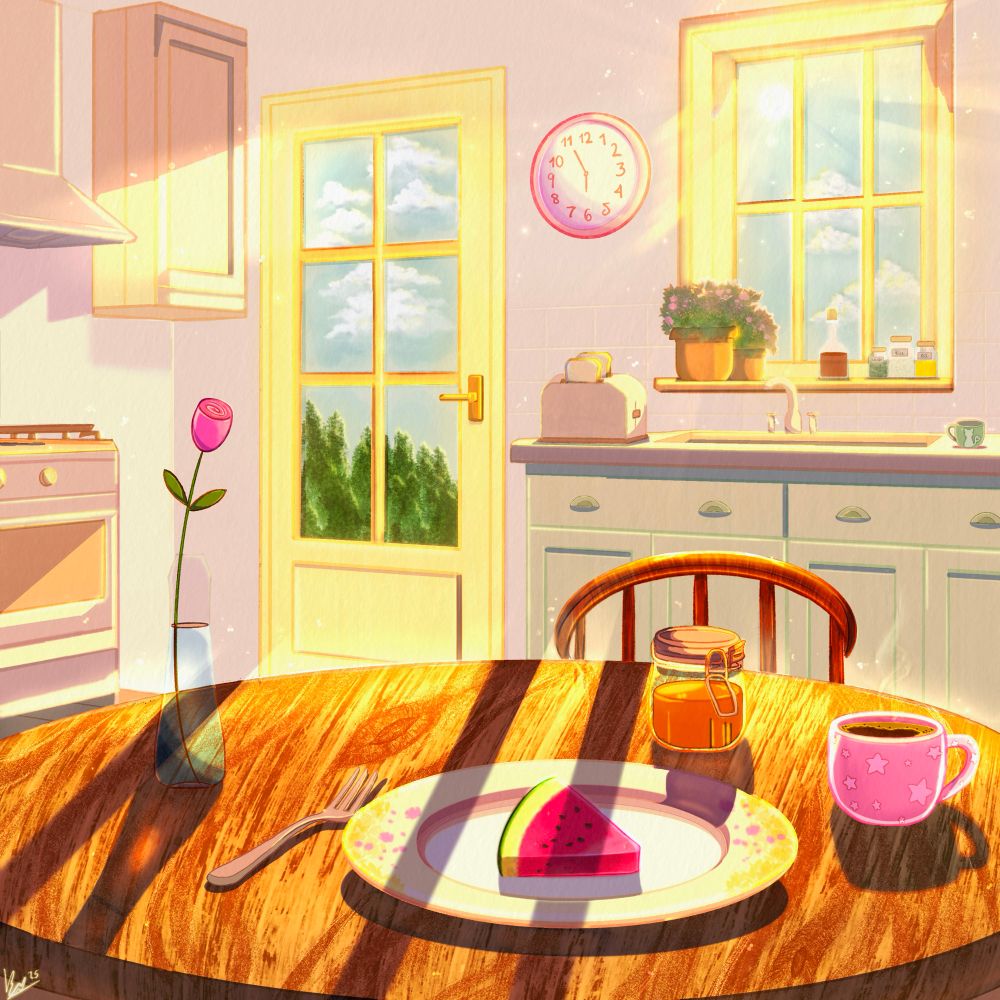 my digital painting of a sunny kitchen in the morning. the wall clock reads 5:55. In the background, bright sunbeams stream through the window and door, casting bright motes everywhere. A sunlit pine forest and fluffy clouds are seen through the door. On the counter there’s a toaster and empty mug, on the windowsill there are brightly lit potted plants and condiments. In the foreground there’s a wooden table and chair with a flower vase, a honey jar, a mug full of fresh steaming coffee and a slice of fresh watermelon on a decorated plate. The window in the background casts long shadows across the table. 