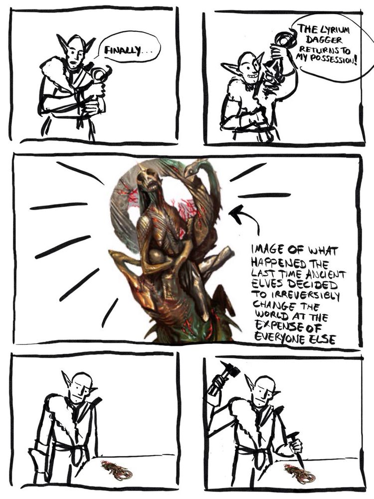 a crudely drawn comic. 
in the first panel, solas looks at the dagger in his hand, saying 'finally...'
in the second panel, he holds it up and exclaims 'the lyrium dagger returns to my possession!'
the third panel shows concept art of the lyrium idol, a statuette of three emaciated, tortured looking humanoids. the text states: 'image of what happened the last time ancient elves decided to irreversibly change the world at the expense of everyone else'
the fourth panel shows solas looking down at the idol on a table with a bothered expression. his mouth and eyebrows form straight lines. the idol is not drawn by the artist, but represented by the concept art image, warped to fit the table's perspective.
the fifth panel is identical to the fourth, but solas is holding a hammer and chisel to the idol, as if he is about to alter it.