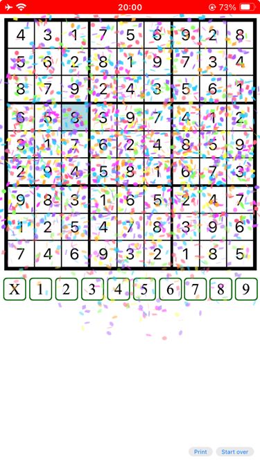 A screenshot of a solved sudoku puzzle with confetti over it.
