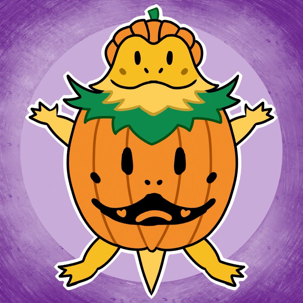 Un dibujo de un dragón barbudo en un disfraz de calabaza