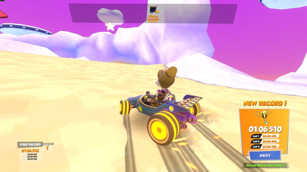 Screenshot of The Karters 2 : Turbo Charged, showing a new world record I just established on the custom map "Dreamy Heights", the new time is 01:06.510