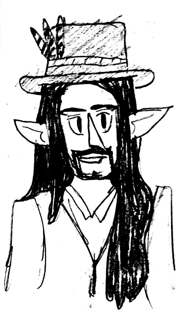 Traditional pencil sketch (monochrome) of Hector (described in the previous slide) seen as a bust in front view. He's wearing a hat, and the previously described headband with jay feathers is wrapped around the hat. He's also wearing a button shirt with a vest over it (but since it's a quick sketch they're not very defined, just looking plain white. This image is edited to have higher contrast so it looks black and white rather than gray pencil vibe.