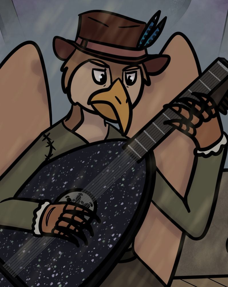 Snippet of an illustration of my DND character Simone: feminine sparrow-looking aarakocra (brown plumage with lighter brown undertones, yellow beak, orange eyebrows, large brown wings, brown hand skin, black talons), wearing a dark brown (slightly reddish) hat with a lighter colored band around it and 2 jay feathers, a plain kaki shirt with wool padding on the sleeves, slightly poking out at the ends of the sleeves & brown trousers. She's seen from front view half-body as she's sitting down in a cart while it's raining on her, playing the lute. The lute is dark gray with light gray / greenish / purpleish spots, resembling a starling plumage. The background is gray. This is a part of a larger, unfinished illustration.