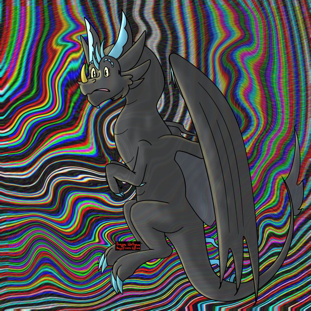 Same character as before, but seen from 3/4 view flying, suddenly jolting, and the background is made of curvy static lines with glitch effects