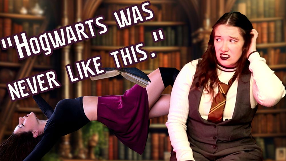 Video thumbnail on a background of a grand, candlelit library. Laura wears a grey suit vest over a mock neck sweater and is scratching her head and making a dubious face at the text "HOGWARTS WAS NEVER LIKE THIS." Below the text, a woman wearing a crop top, purple skirt, and thigh highs hovers in the air with her head tilted back and spine arched.