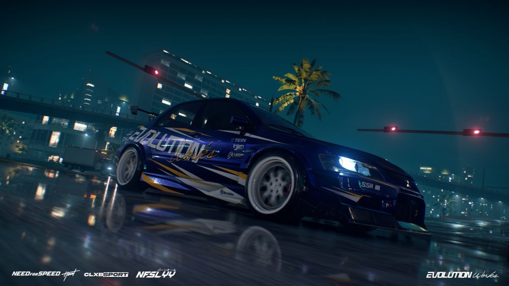 A modified Mitsubishi Lancer Evolution IX cruising through Palm City at night. #VirtualPhotography