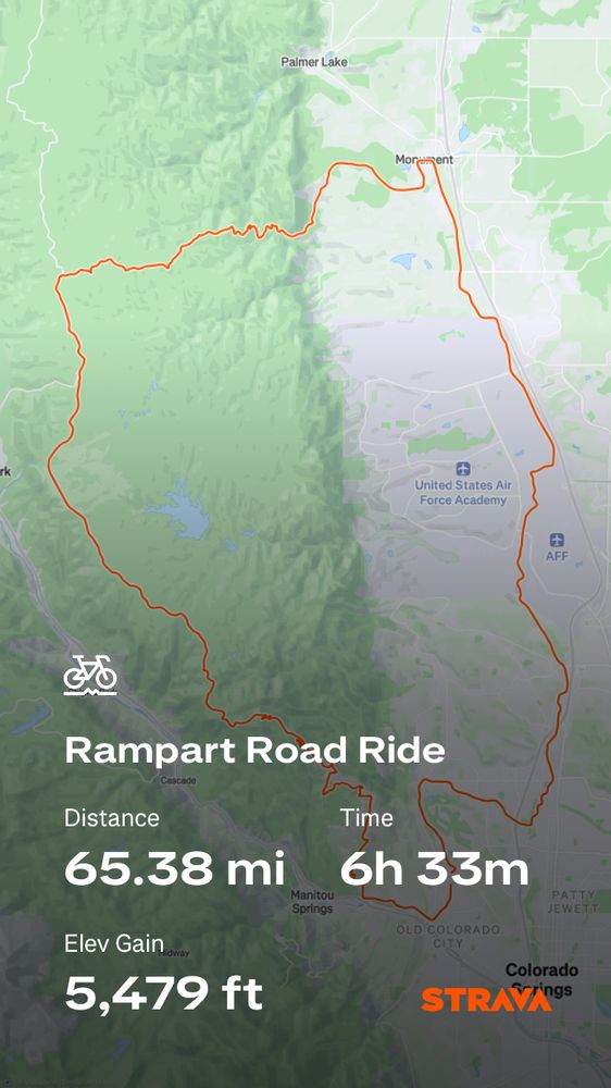 A Strava screenshot showing my route and some stats: “Rampart Road Ride: 65.38mi, 6h 33m, 5,479ft elevation gain.”