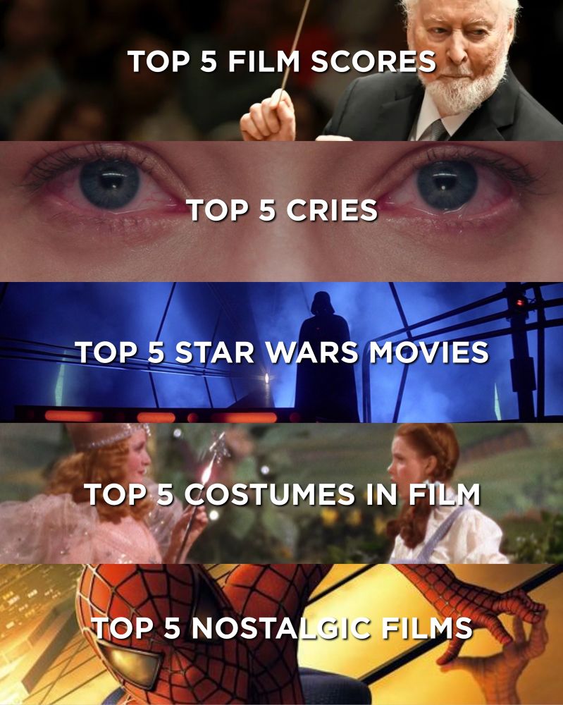top 5 film scores
top 5 movie cries
top 5 star wars movies
top 5 movies costumes
top 5 nostalgic movies