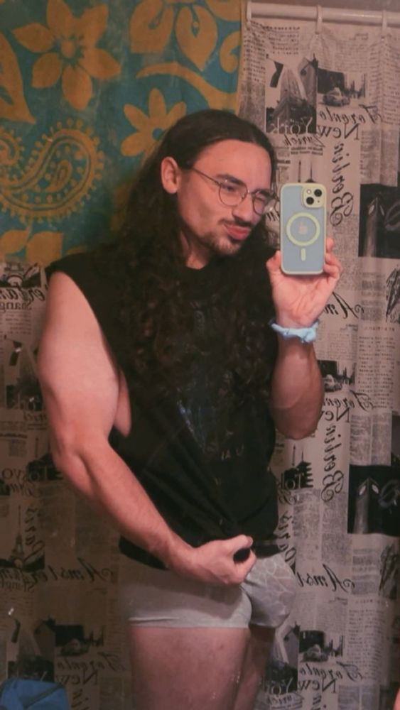 mirror selfie in black tank and white gray lace underwear