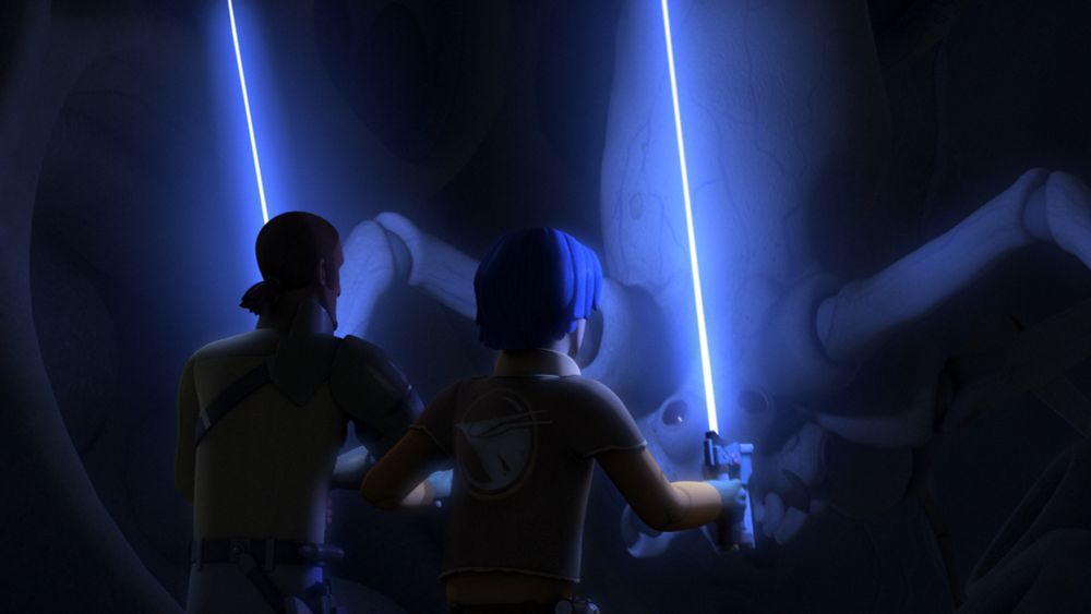 Kanan and Ezra ignite their sabers and stare down and giant spider.