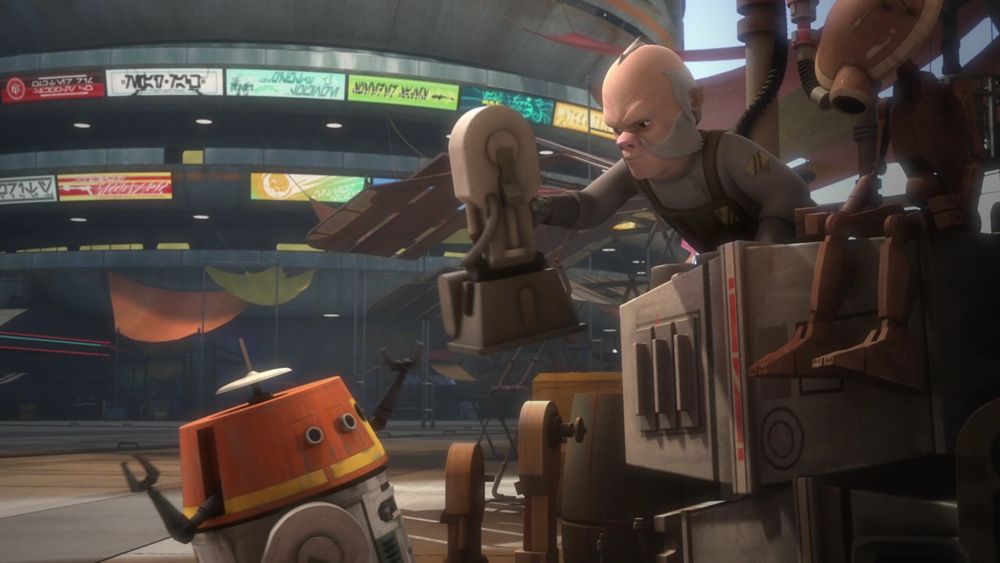 Chopper argues with an Ugnaut merchant over the purchase of a new, matching leg