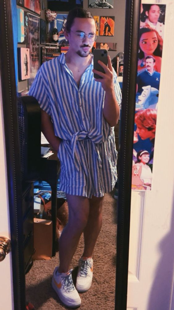 mirror selfie in cute little blue and white striped set, my legs are posed like that one lin manuel miranda pic