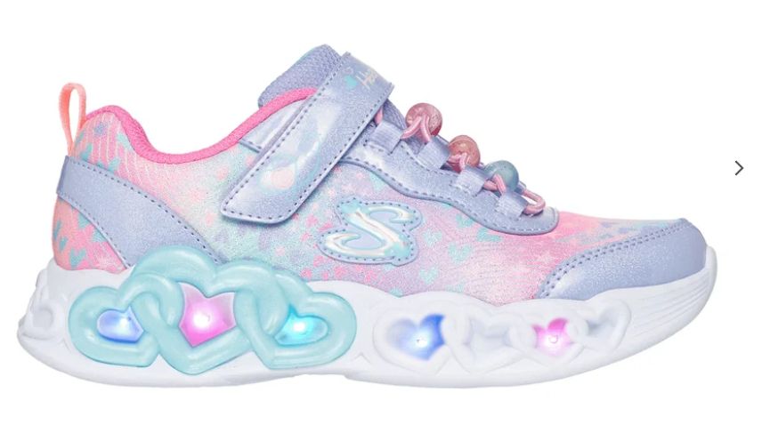 infinite heart lights skechers, a kids' shoe with a lavender and light pink colour scheme and chunky soles and light-up hearts along the sides of the soles...which is ridiculously wishful thinking on bramble's part for obvious reasons lol