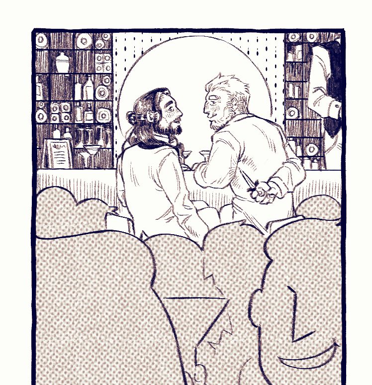 A small crop of a comic from the zine, the king anf knight talking in a pub, the knight has a knife behind his back