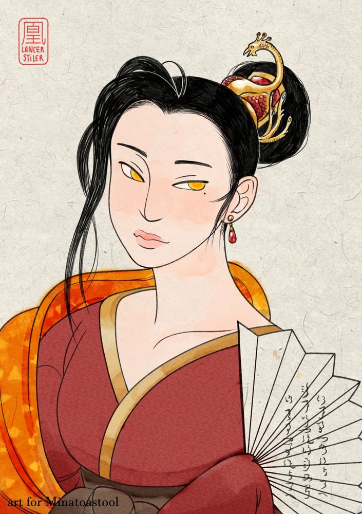 Attack on artfight for Minatoastool of her character Isawa Homura, a noble woman from the phoenix clan in Rokugan. Halfbody in a ukiyoe style