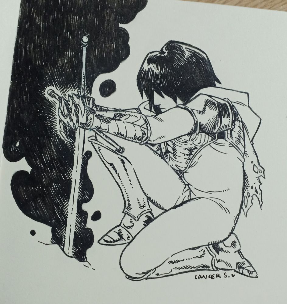 Traditional drawing of Kris from Deltarune, they're holding their sword after because they're opening a portal