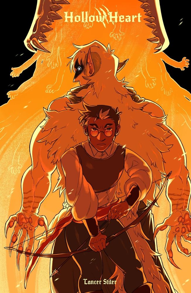 Portada de Hollow Heart, los protagonistas espalda contra espalda listos para pelear, un fondo de fuego y manos saliendo de las fauces de un monstruo 