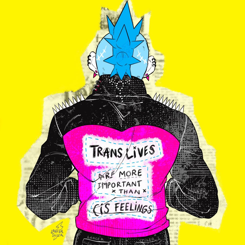 Punk trans man with a jacket that says "trans lives are more important than cis feelings"